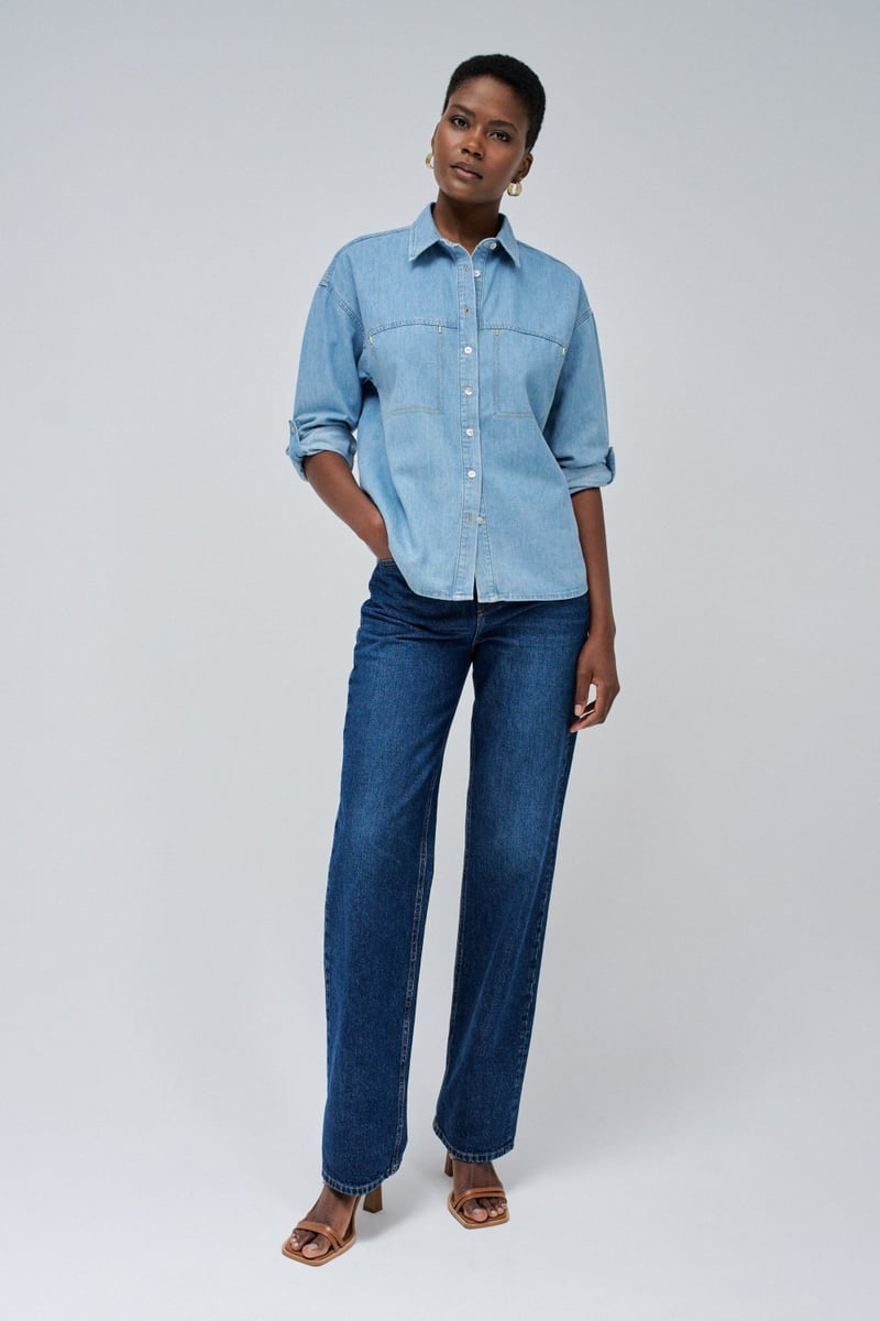 Light Blue Denim Button-Down Shirt with Patch Pockets