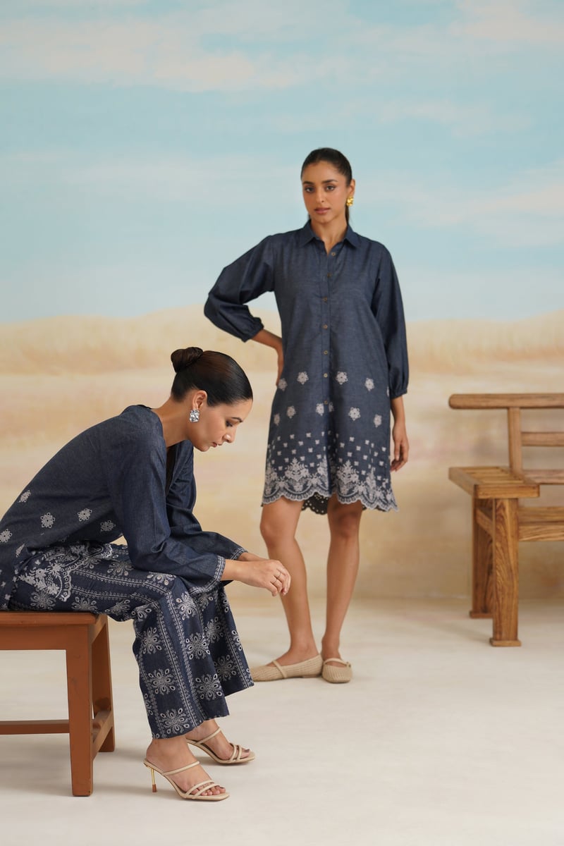 Denim Blue Embroidered Tunic and Wide-Leg Co-ord Set