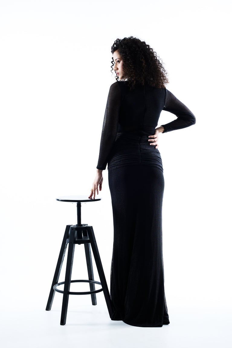 Black Shimmer Mesh Bodycon Maxi Dress with Sheer Midriff