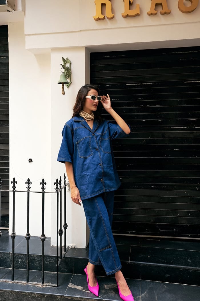 Dark Blue Denim Oversized Shirt and Pants Co-ord Set