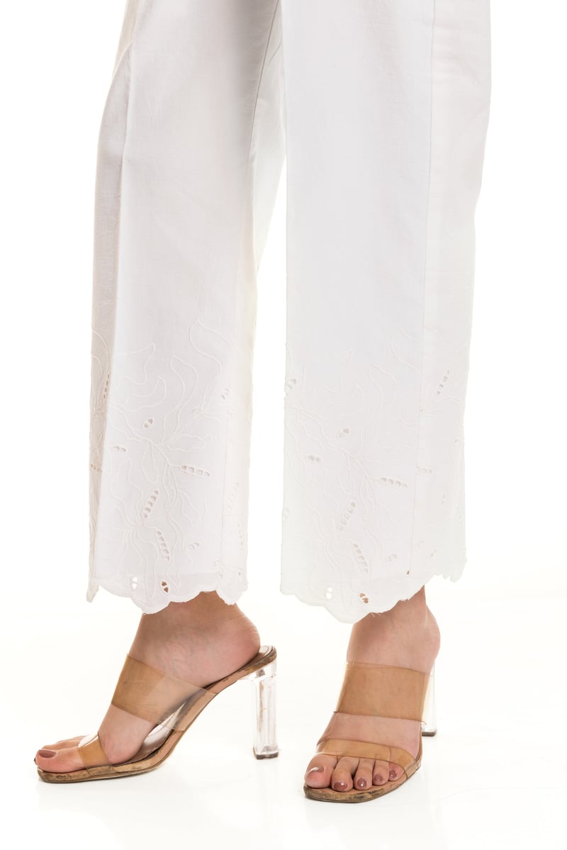 White Cotton Straight-Leg Schiffli Pants