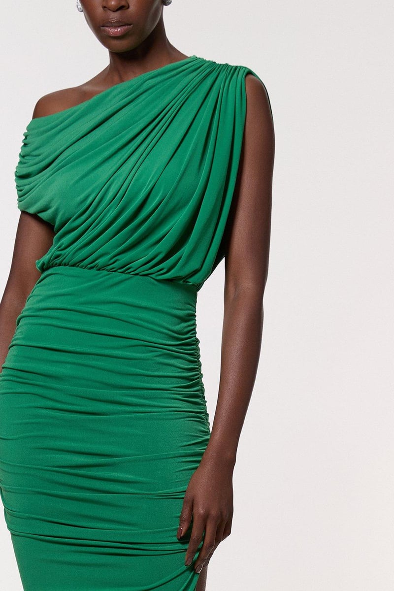 Green One-Shoulder Ruched Maxi Dress with High Side Slit