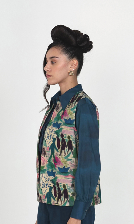 Multicolor Printed Sleeveless Corduroy Vest Overlay
