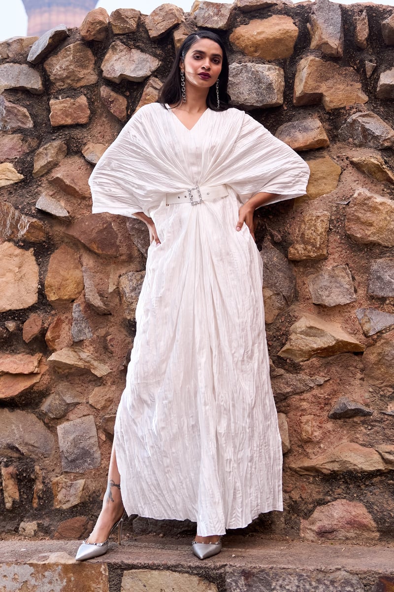 Ivory Crushed Satin Maxi Kaftan Dress with Belt — Dash and Dot