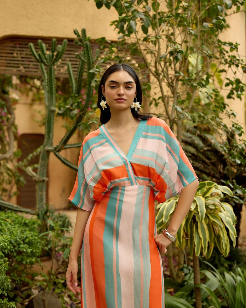 Orange Striped Colorblock Kaftan Midi Dress
