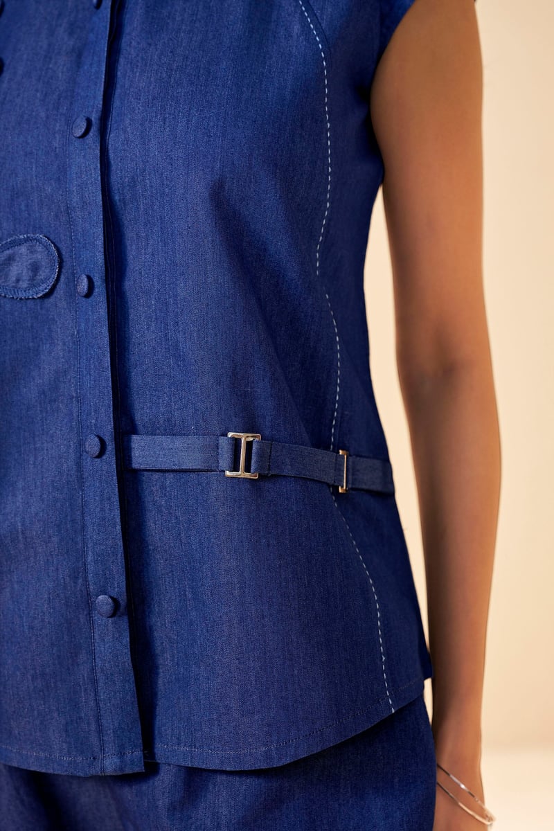 Blue Denim Sleeveless Shirt and Pants Co-ord Set