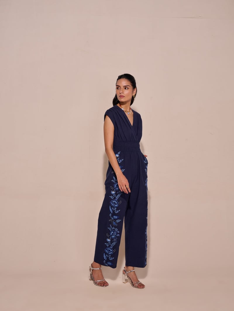 Blue V-Neck Smocked Waist Embroidered Jumpsuit