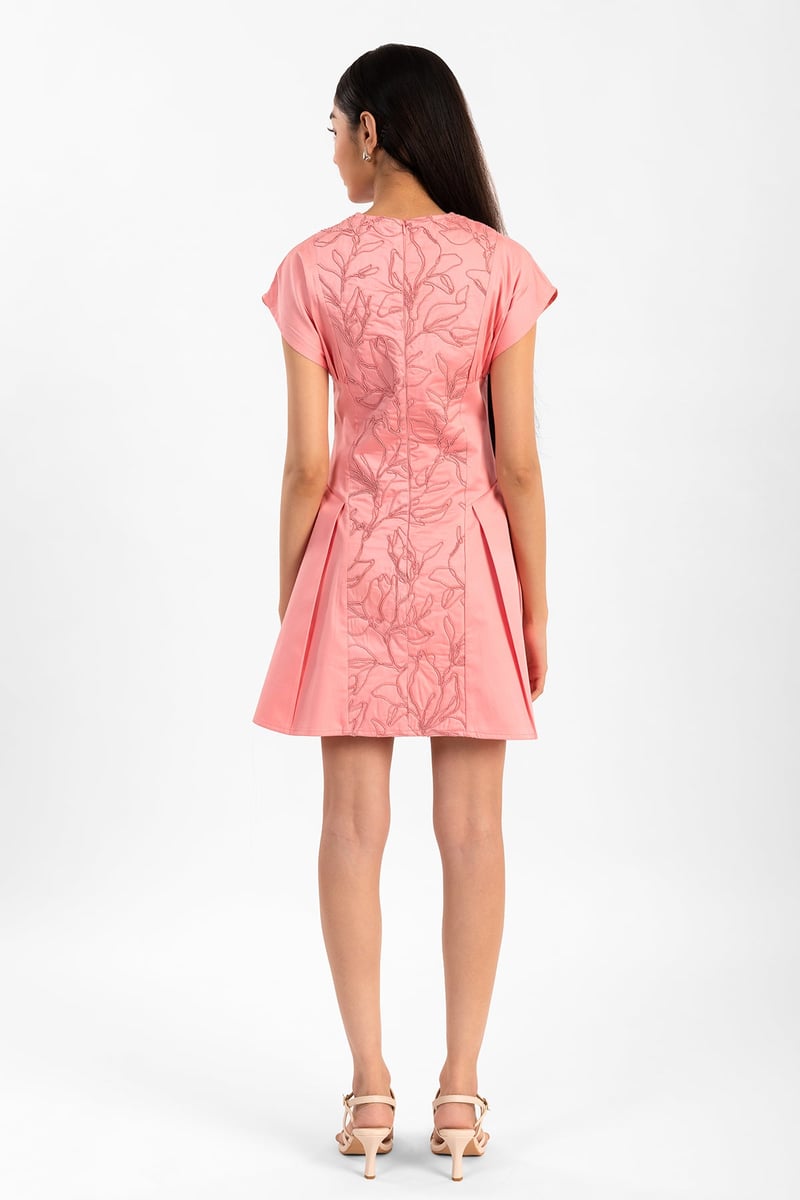Pink Embroidered Fit and Flare Mini Dress