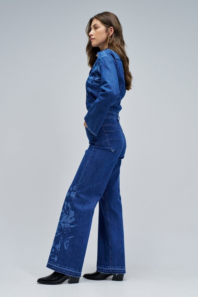 Blue High-Rise Wide-Leg Floral Print Jeans