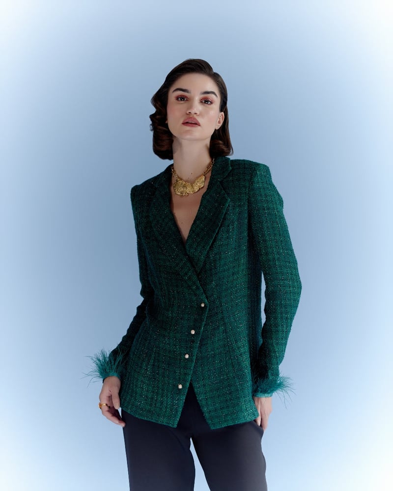 Deep Green Checked Tweed Blazer with Pearl Buttons