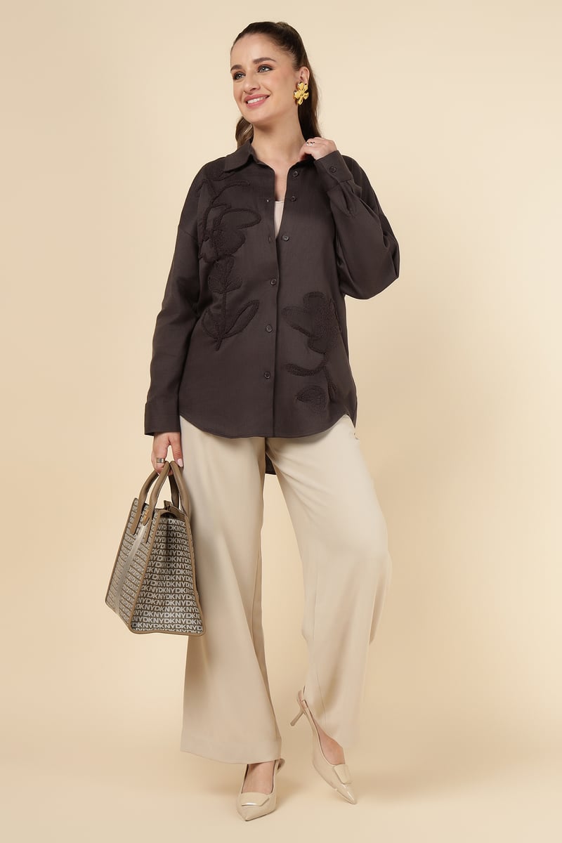 Kahve Brown Tonal Floral Embroidered Button-Down Shirt