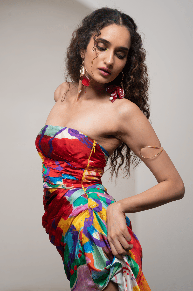 Multicolor Strapless Ruched Satin Maxi Dress