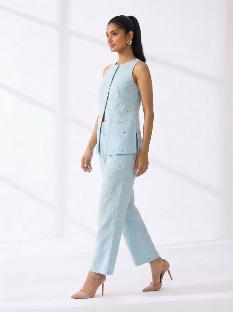 Sky Blue Linen Embellished Co-ord Set