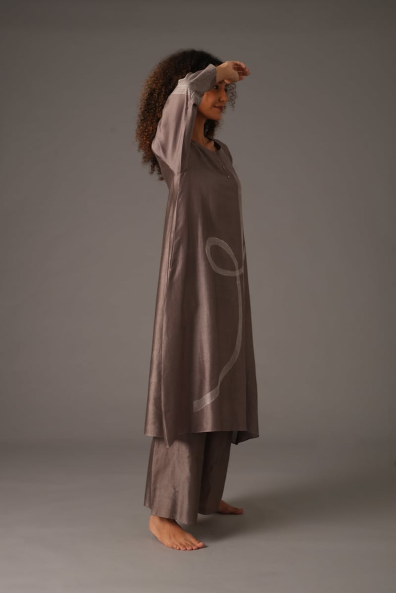 Greige Chanderi Silk Embroidered Kurta Pant Set