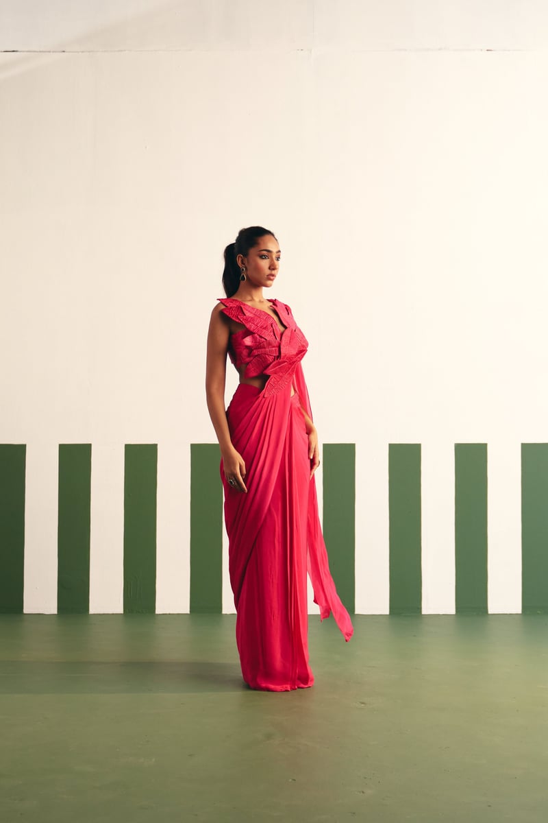 Magenta Pink Pre-Stitched Saree Set with 3D Leaf Blouse