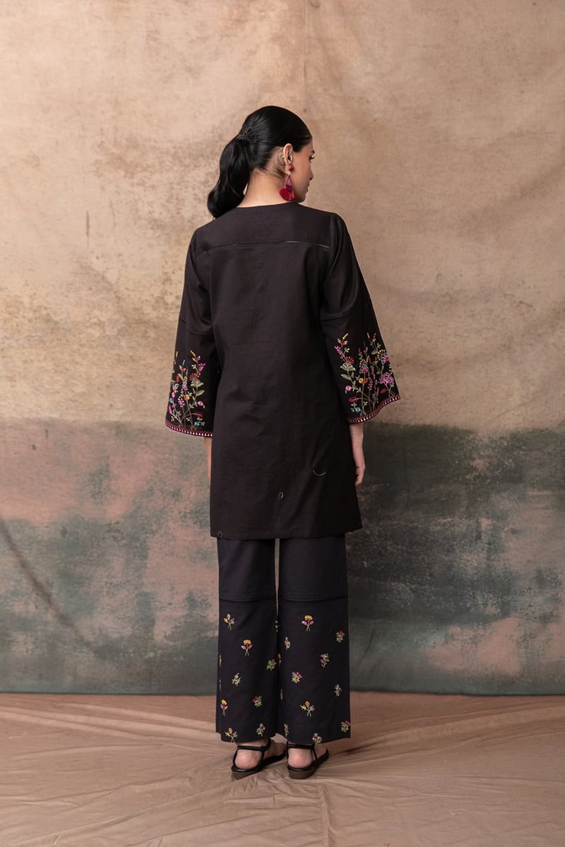 Black Embroidered Tunic and Wide-Leg Pants Co-ord Set