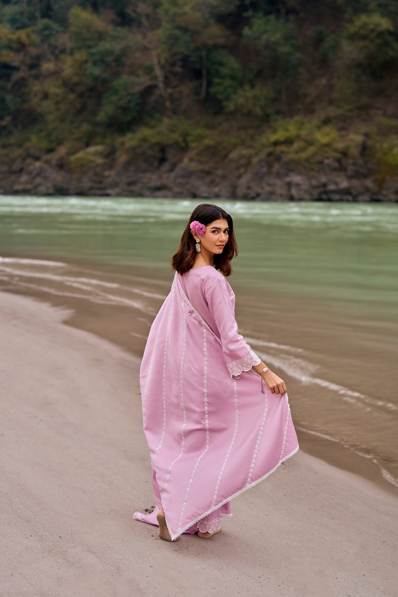 Lavender Cotton Embroidered Straight Kurta Set with Dupatta