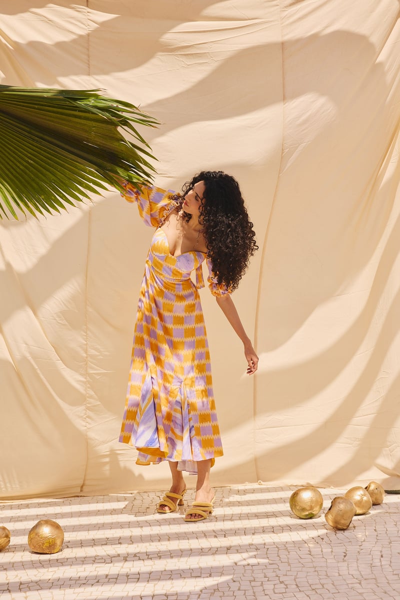 Multicolor Checked Cotton-Linen Fit and Flare Midi Dress