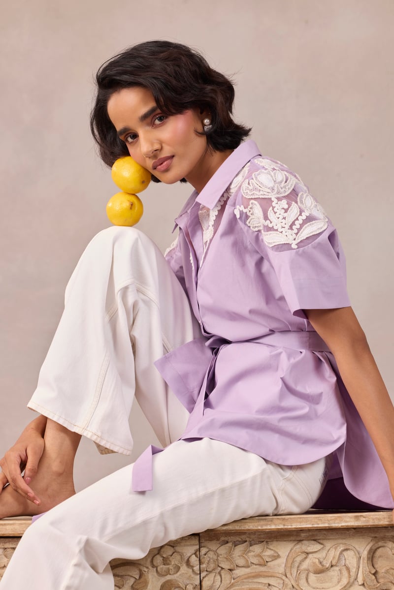 Sweet Lavender Cotton Poplin Shirt With Embroidered Yoke