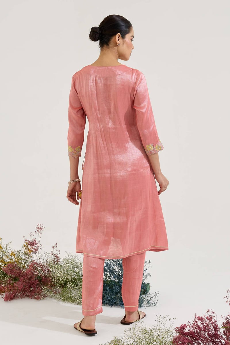 Red Tissue Angrakha Kurta Set with Narrow Pants