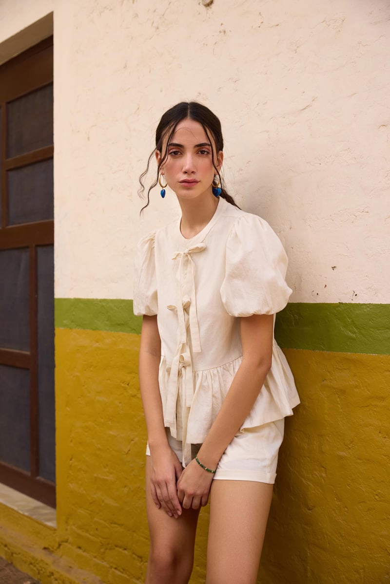 Beige Peplum Top and High-Rise Shorts Co-ord Set