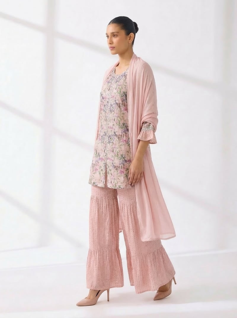 Baby Pink Floral Kurta Sharara Co-ord Set with Dupatta
