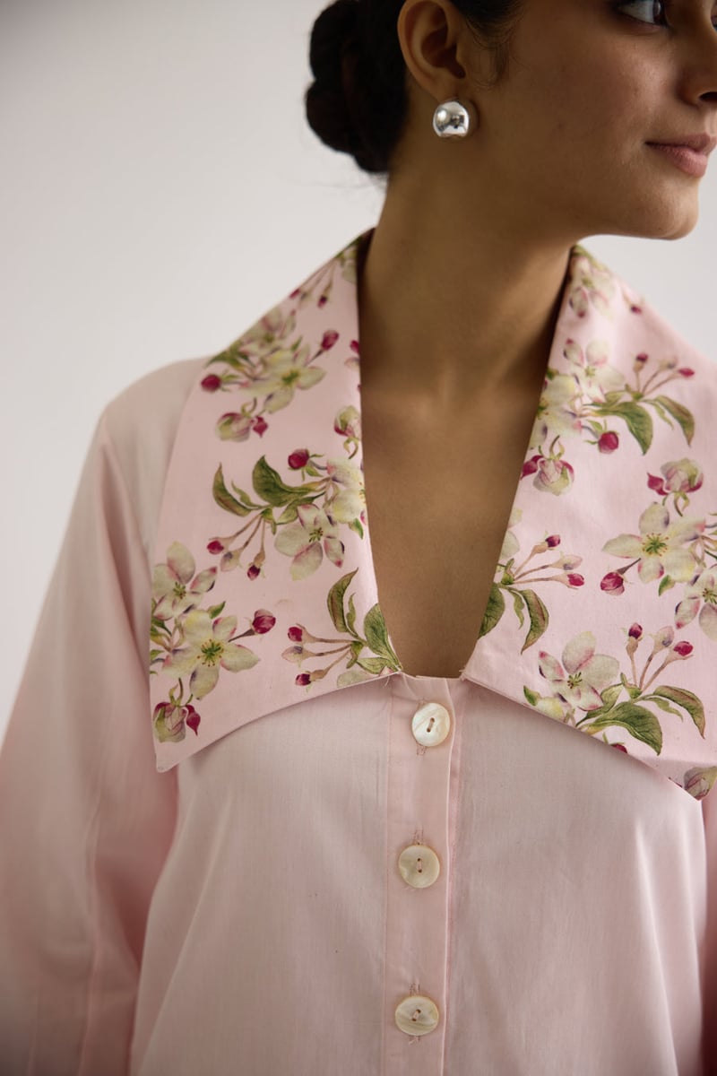 Pink Cotton Satin Shirt with Floral Statement Collar