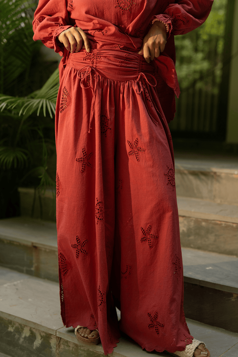 Rust Wide-Leg Cutwork Drawstring Trousers