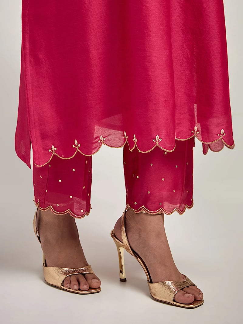 Fuchsia Silk Chanderi Embroidered Yoke Kurta Set