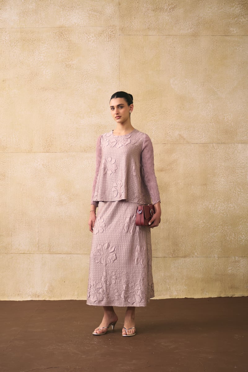 Nude Textured Top and Midi Skirt Co-ord Set