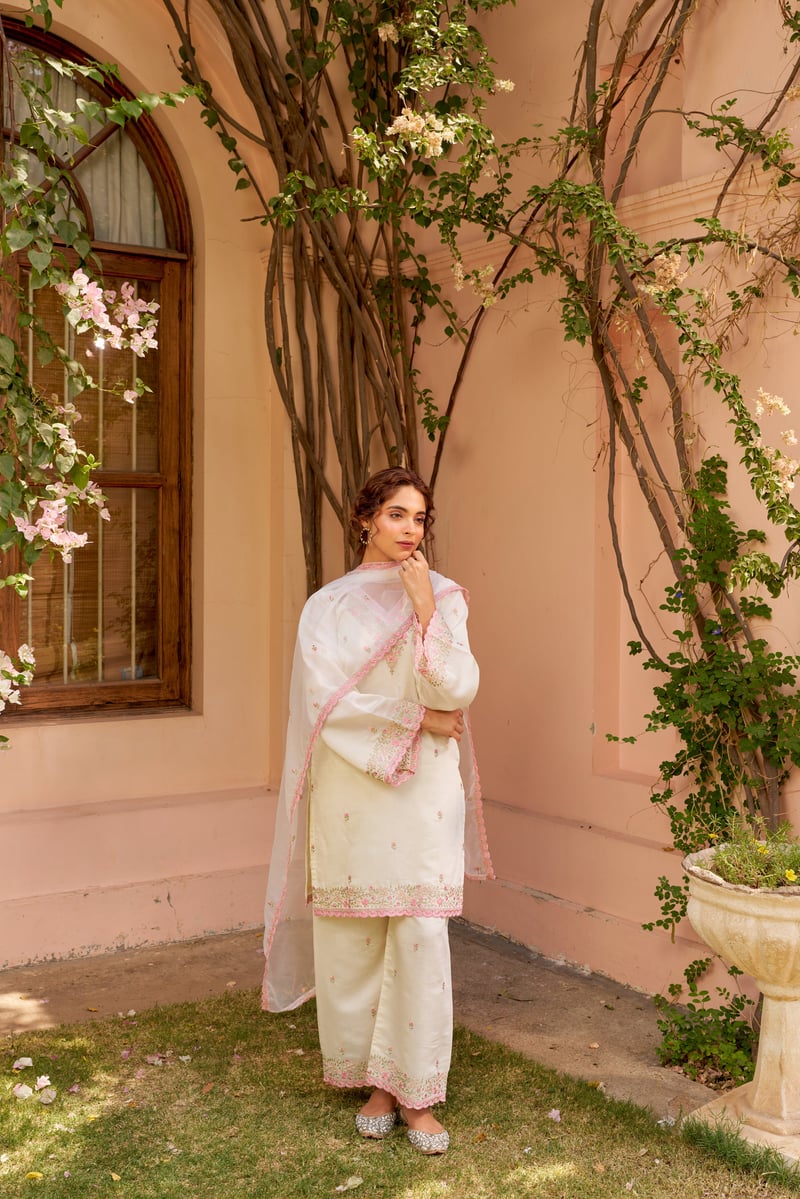 Ivory and Pink Chanderi Embroidered Straight Suit Set