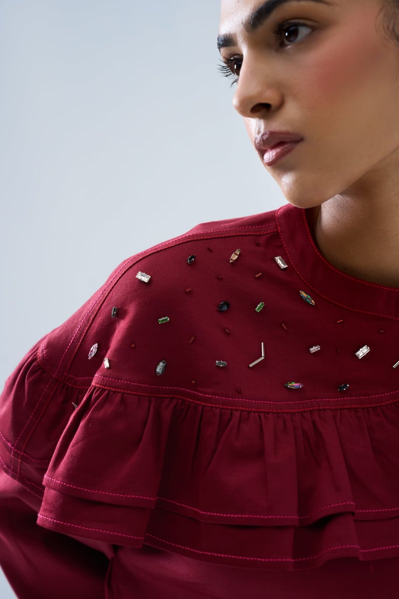 Maroon Ruffle Yoke Sequin Detail Full Sleeve Top