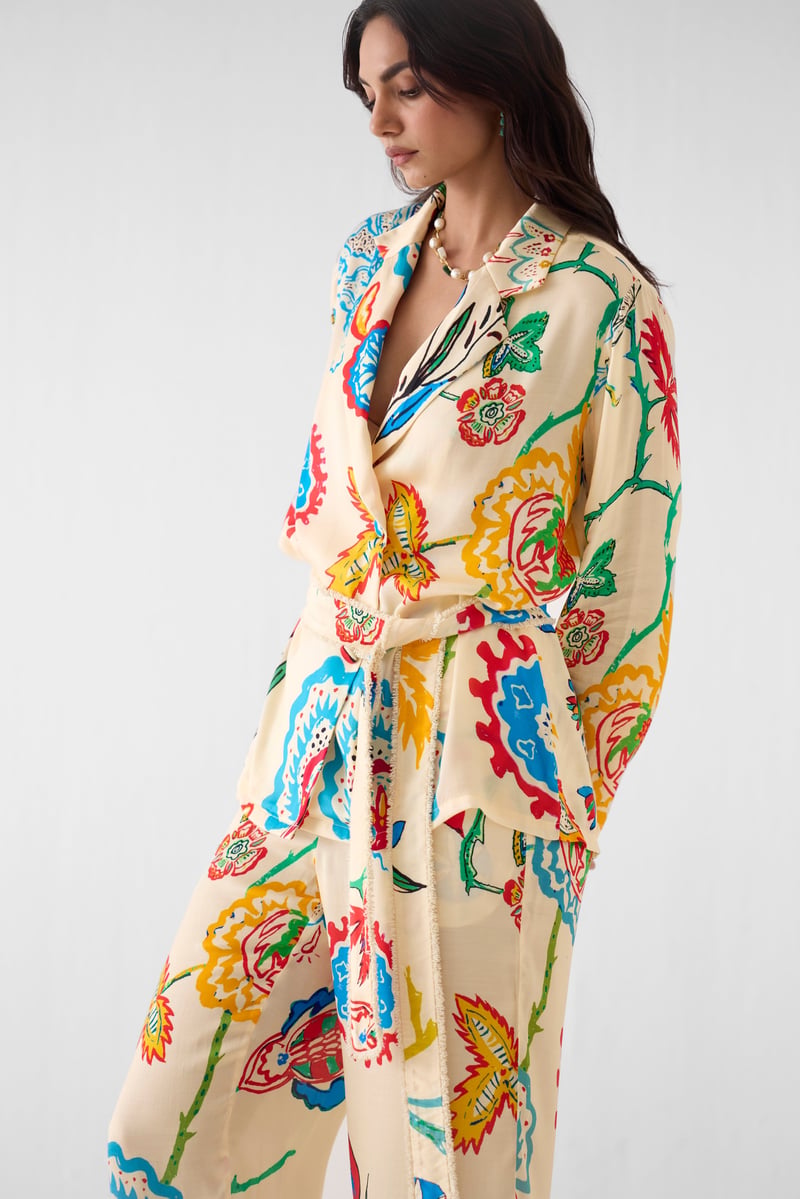 Cream Printed Blazer Shirt and Wide-Leg Trousers Co-ord Set