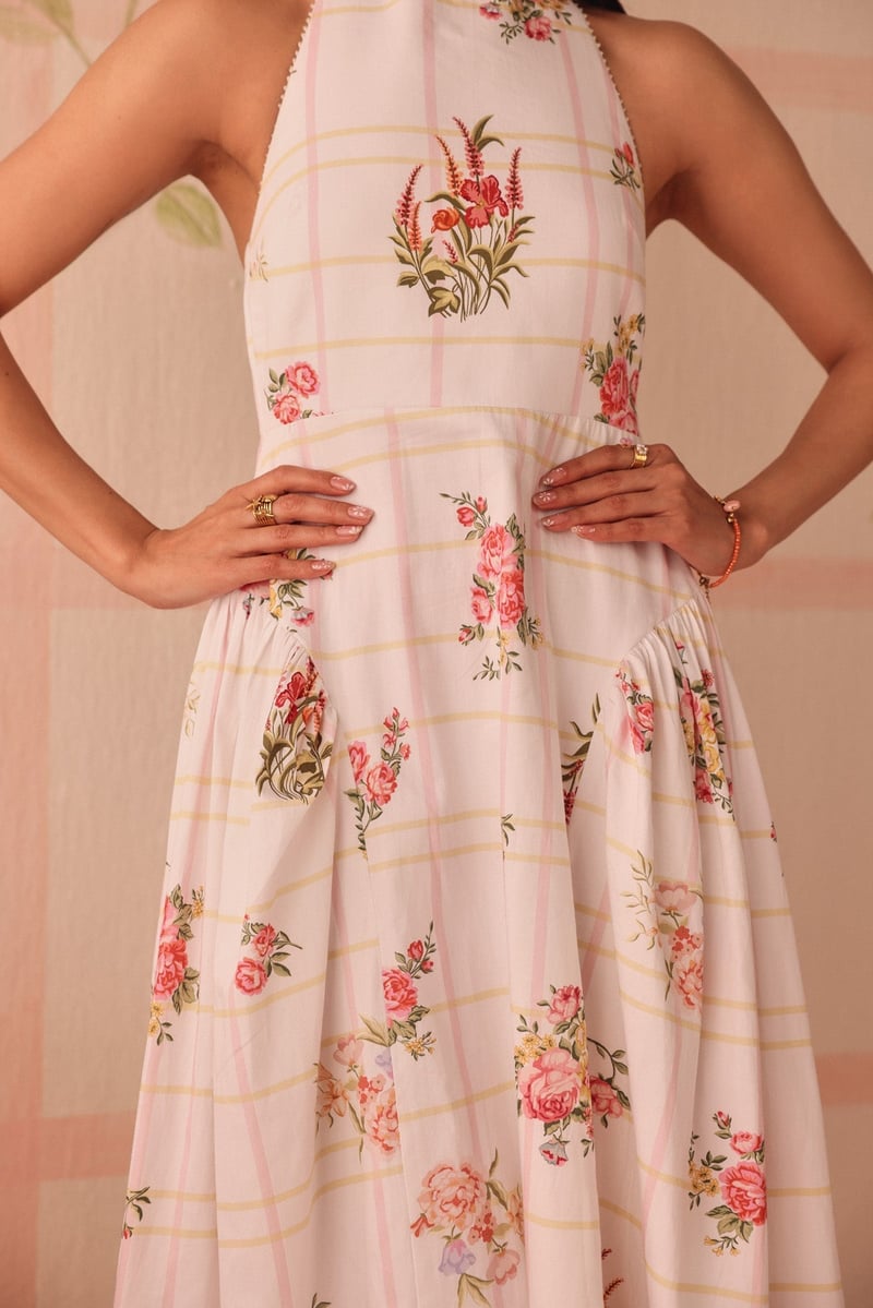 White Floral Check Halter Neck Maxi Dress