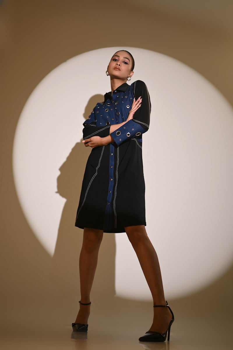 Black and Indigo Colorblock Shirt Dress with Eyelet Detail