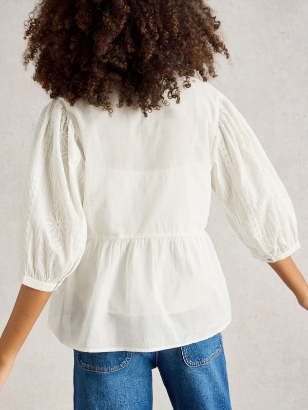 Natural White Embroidered Button-Front V-Neck Top