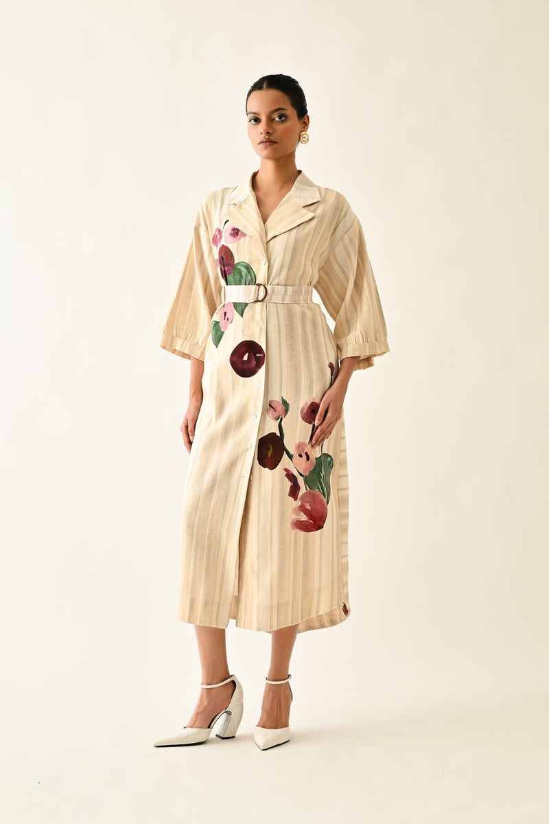Off White Abstract Print Belted Midi Trench Shirt Dress
