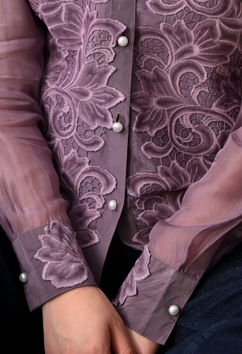 Mauve Sheer Button-Down Shirt with Tonal Floral Appliqué