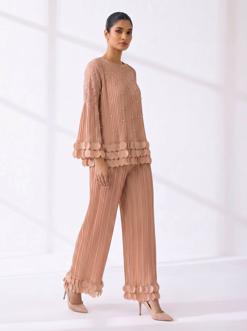Nude Pleated Co-ord Set with Wide-Leg Trousers