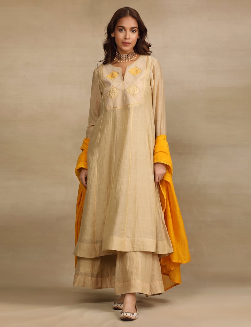 Beige Yellow Silk Chanderi Anarkali Kurta Set — Trendy Tokari
