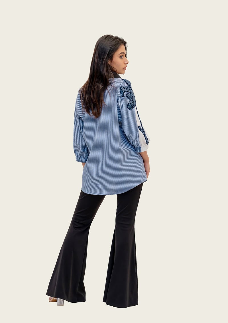 Blue Stripe and White Cotton Shirt with Embroidery
