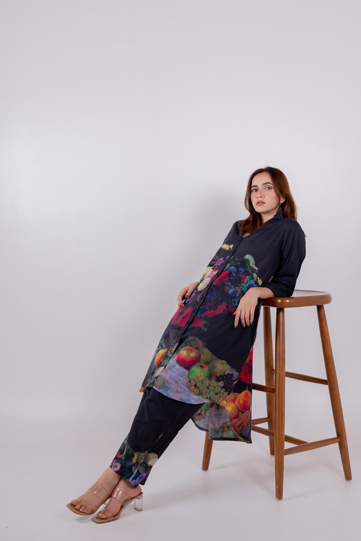 Black Printed Cambric Tunic and Pants Set