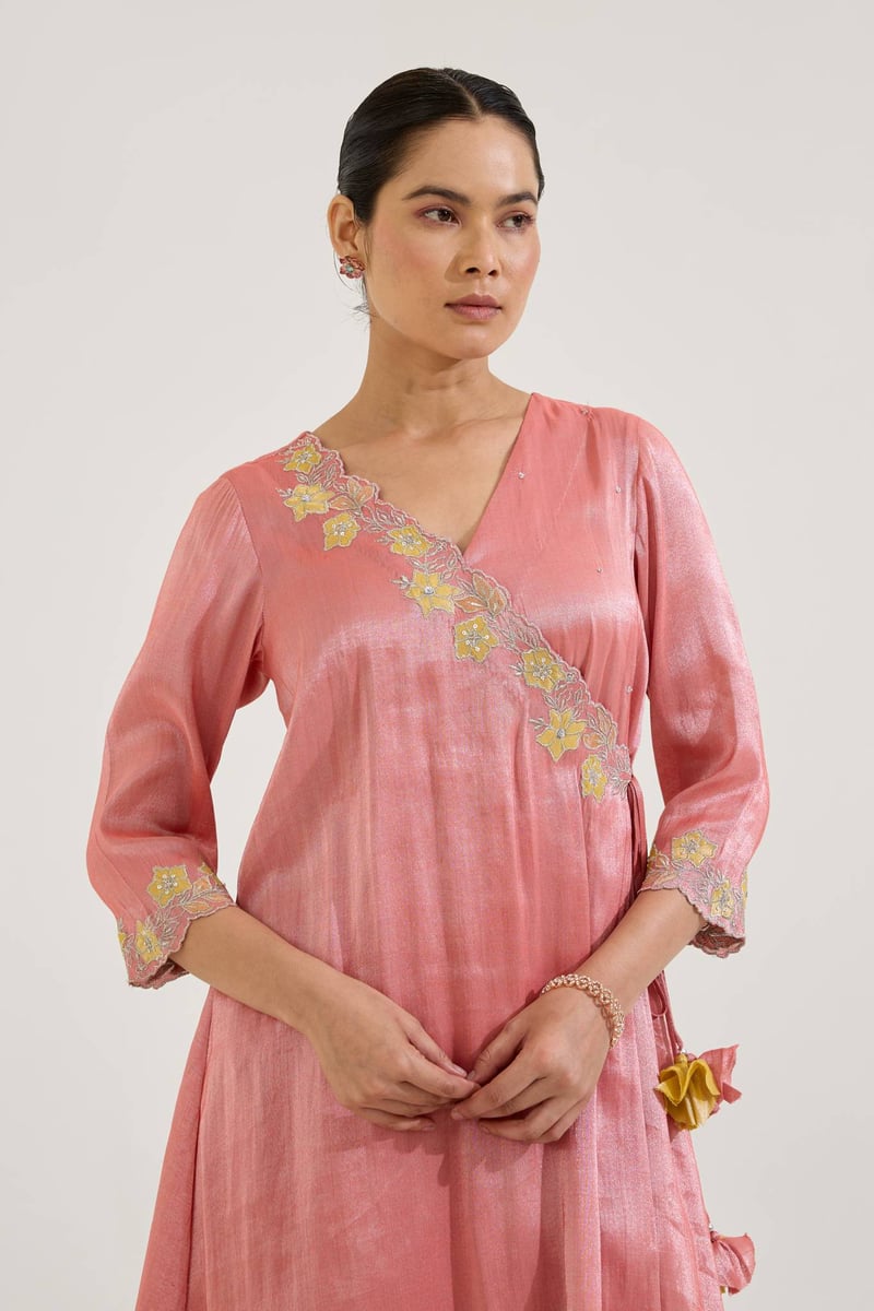 Red Tissue Angrakha Kurta Set with Narrow Pants