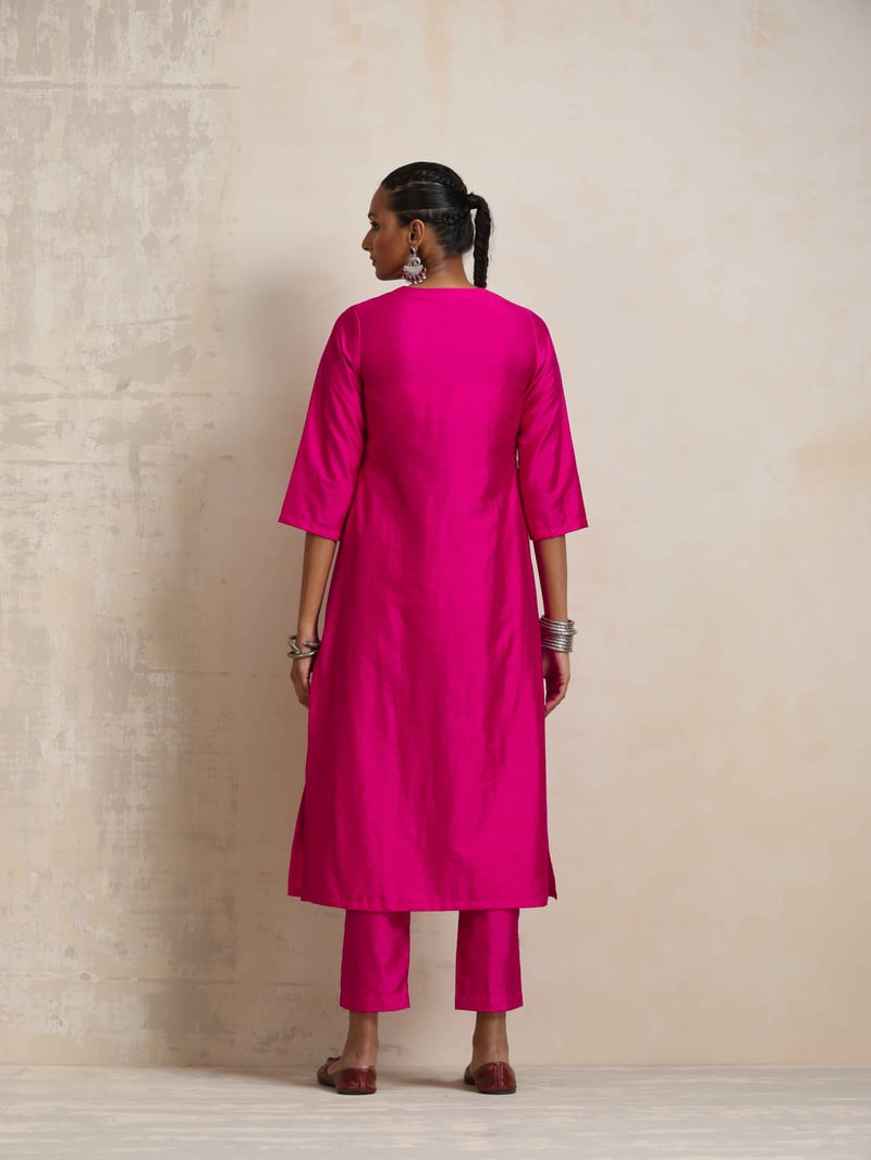 Pink Silk Blend High Slit Kurta Set