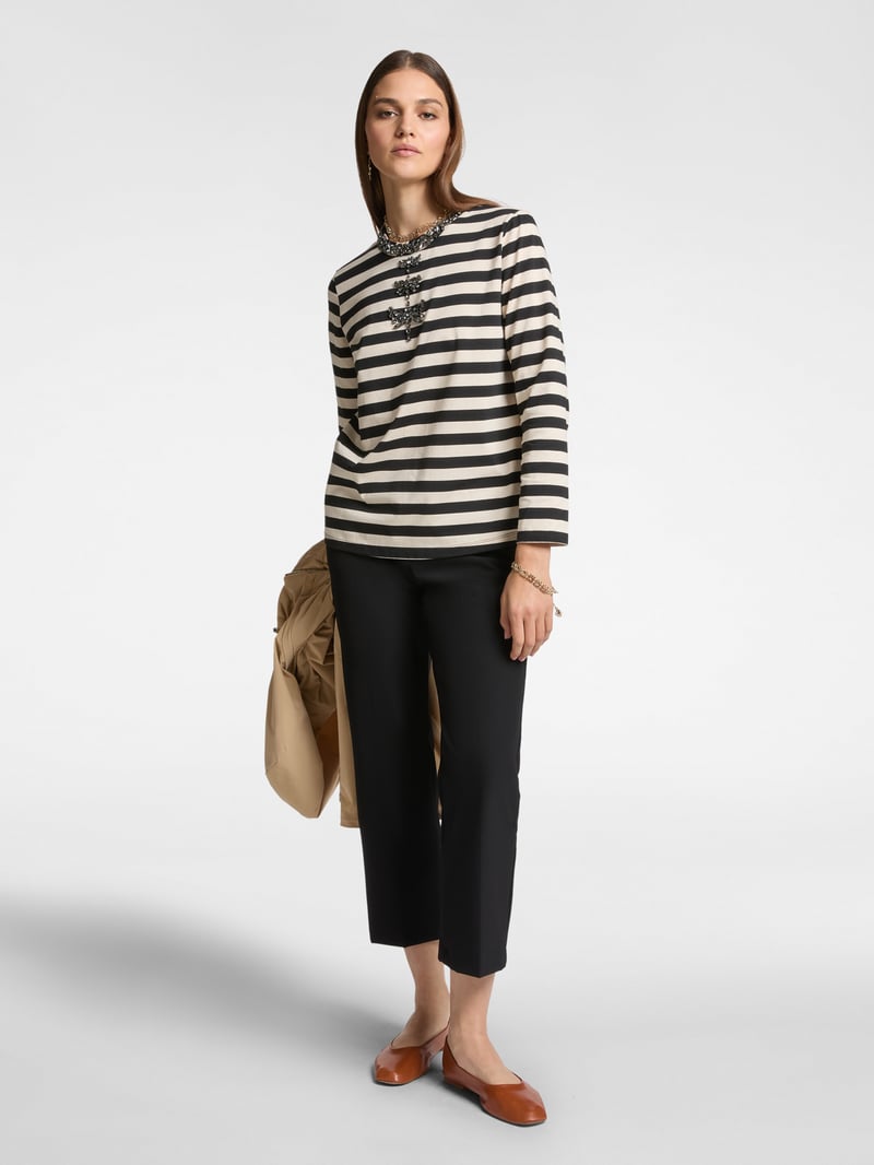 Black and White Striped Embellished Long Sleeve T-Shirt