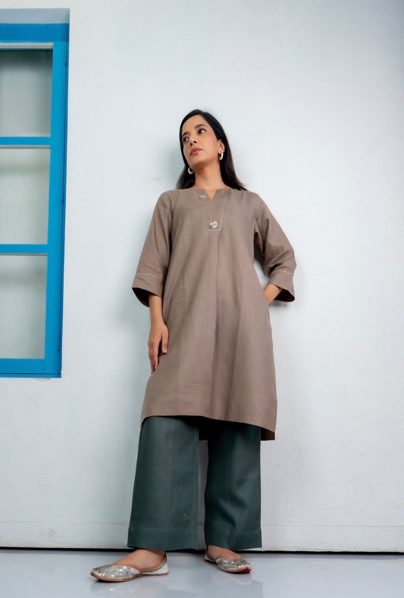 Taupe Linen Straight Kurta with Green Pant Set