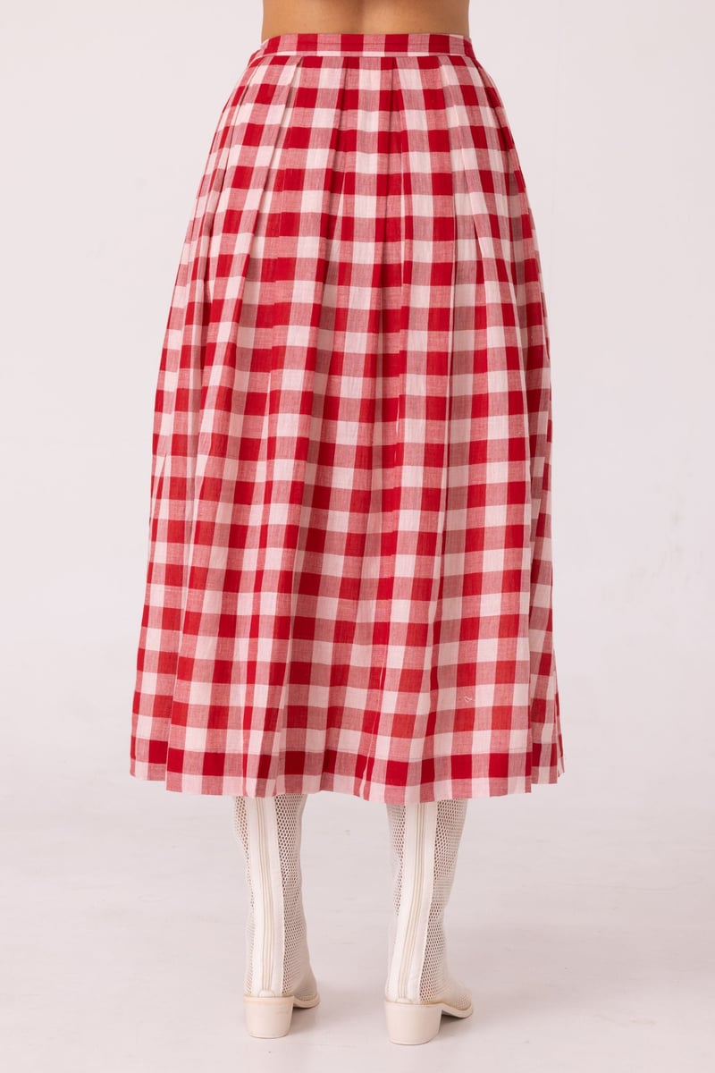 Red Checked Handwoven Cotton Midi Skirt with Box Pleats