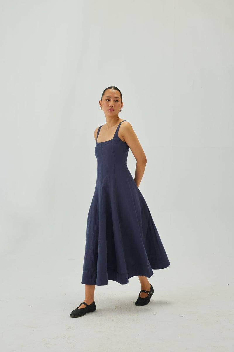 Indigo Linen Square-Neck Fit and Flare Midi Dress