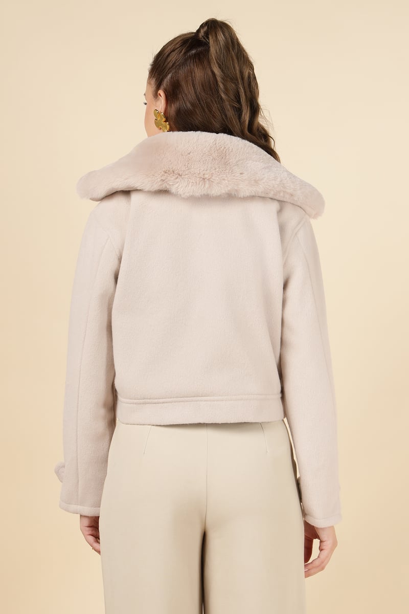Beige Cropped Button-Front Jacket with Faux-Fur Collar