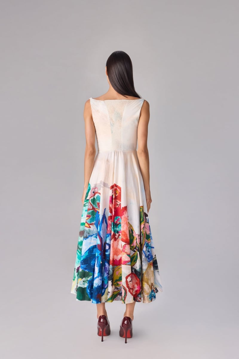 Ivory/Multi Square Neck Fit and Flare Midi Dress
